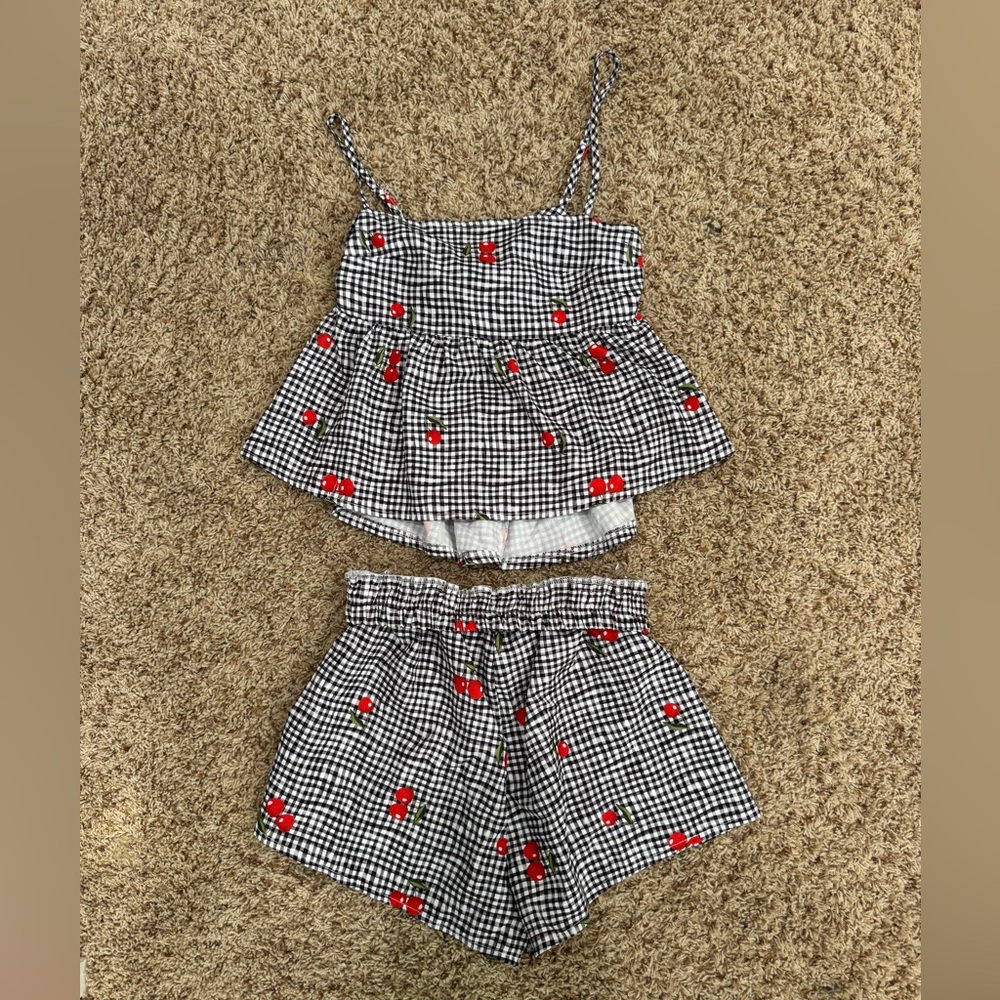 SHEIN Black and White Gingham Set with Red Floral Accents